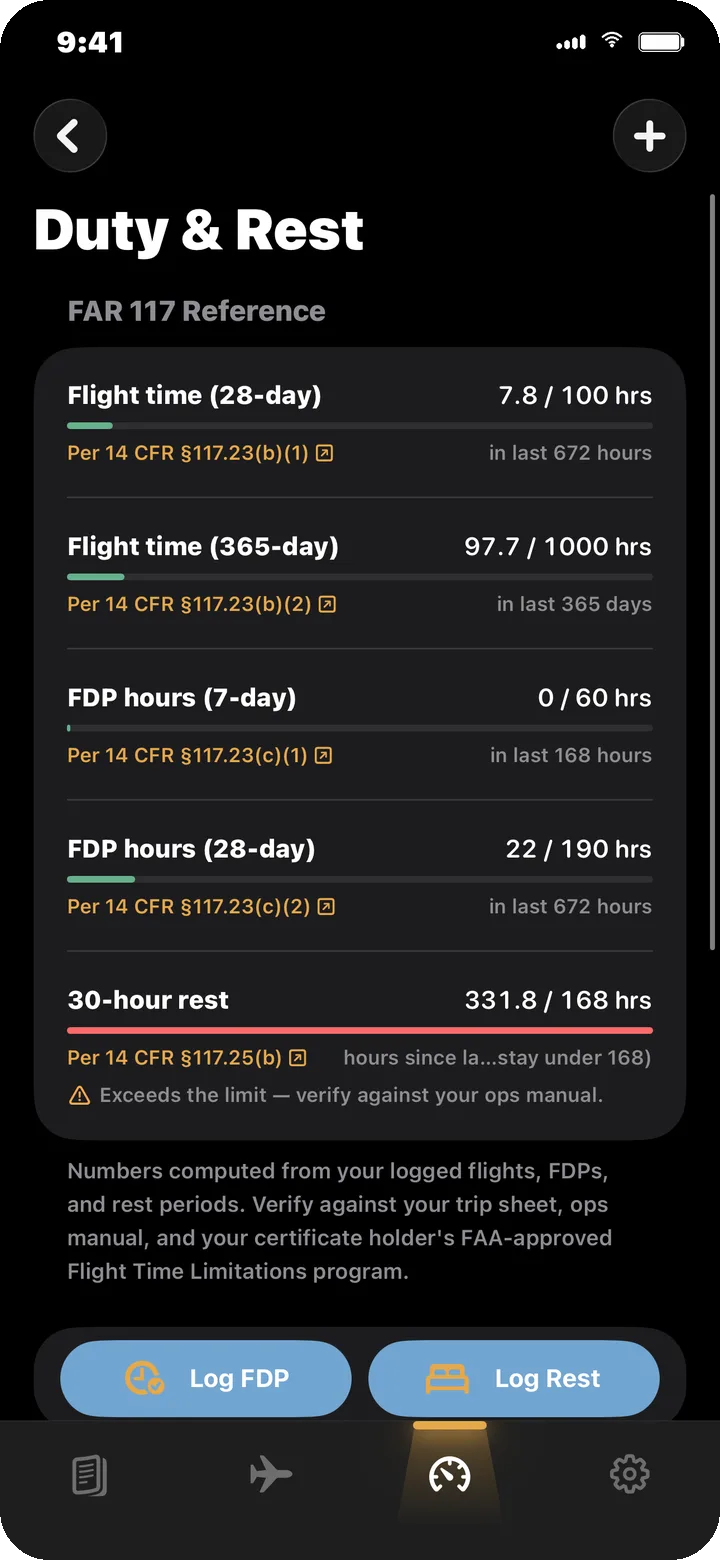 DaPilot Duty & Rest screen on iPhone:FAR 117 reference with flight time, FDP, and 30-hour rest values cited to each §117 paragraph