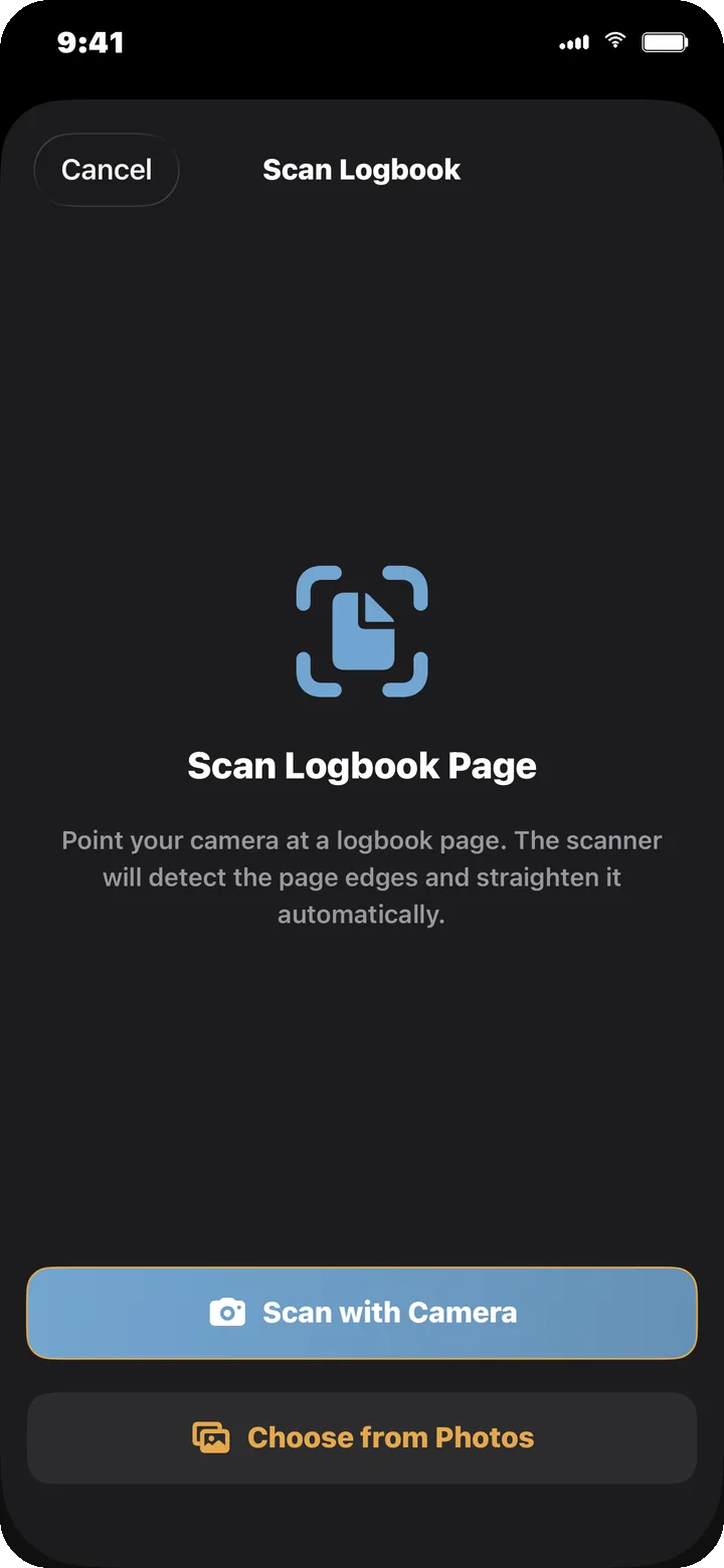 DaPilot Scan Logbook screen on iPhone:Scan with Camera and Choose from Photos buttons